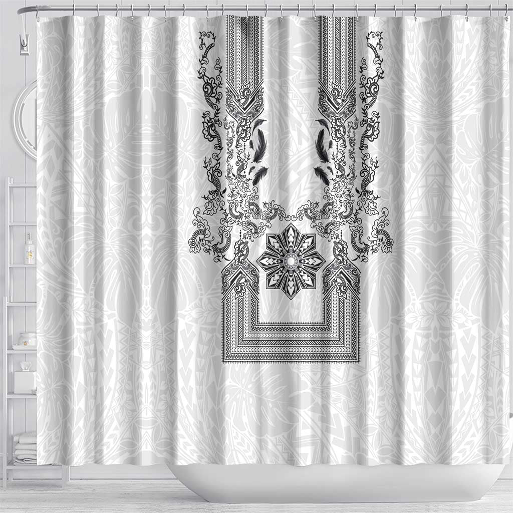 Philippines Barong Style Shower Curtain with Polynesian Art and Leaf Motif Black-White Color LT03 - Polynesian Pride