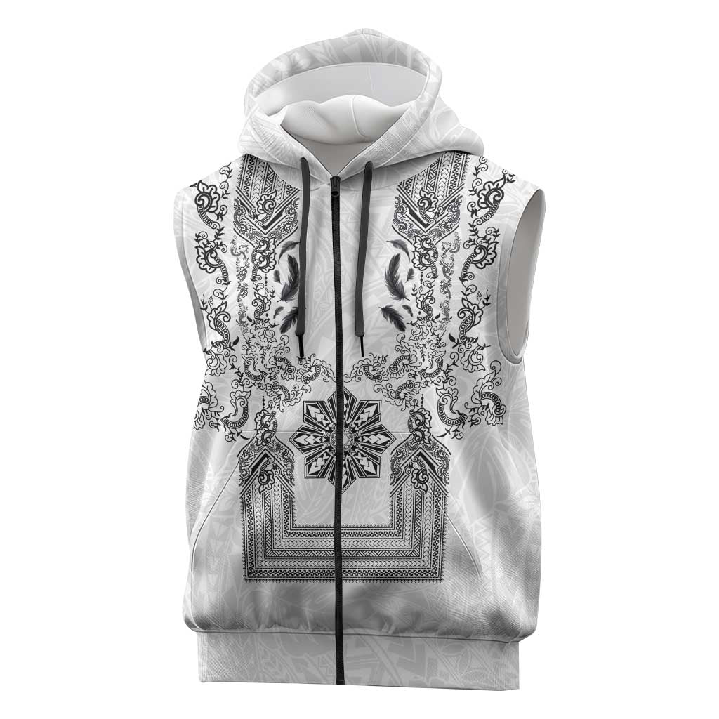 Philippines Barong Style Sleeveless Zip Hoodie with Polynesian Art and Leaf Motif Black-White Color LT03 White - Polynesian Pride