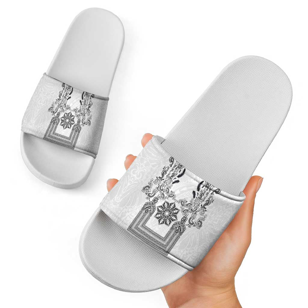 Philippines Barong Style Slide Sandals with Polynesian Art and Leaf Motif Black-White Color