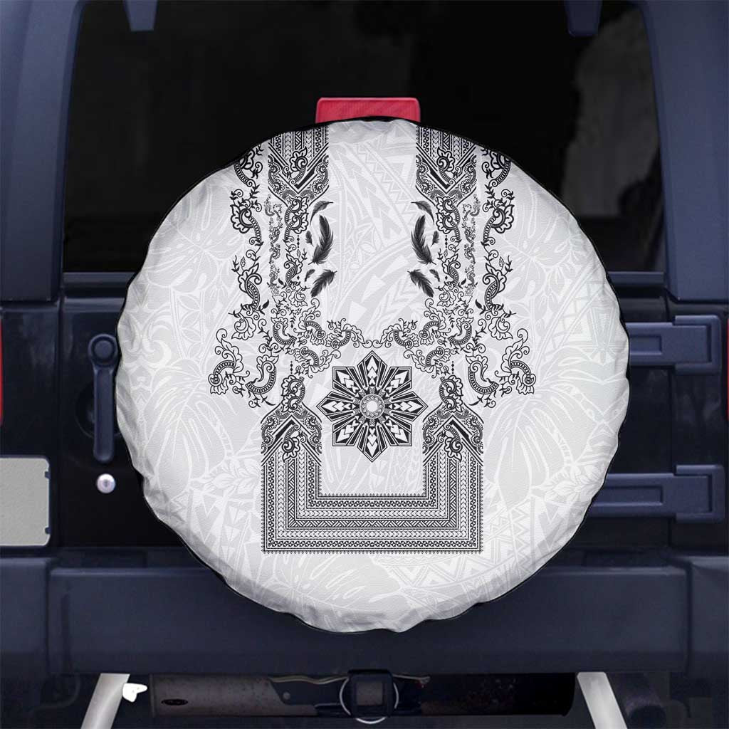 Philippines Barong Style Spare Tire Cover with Polynesian Art and Leaf Motif Black-White Color