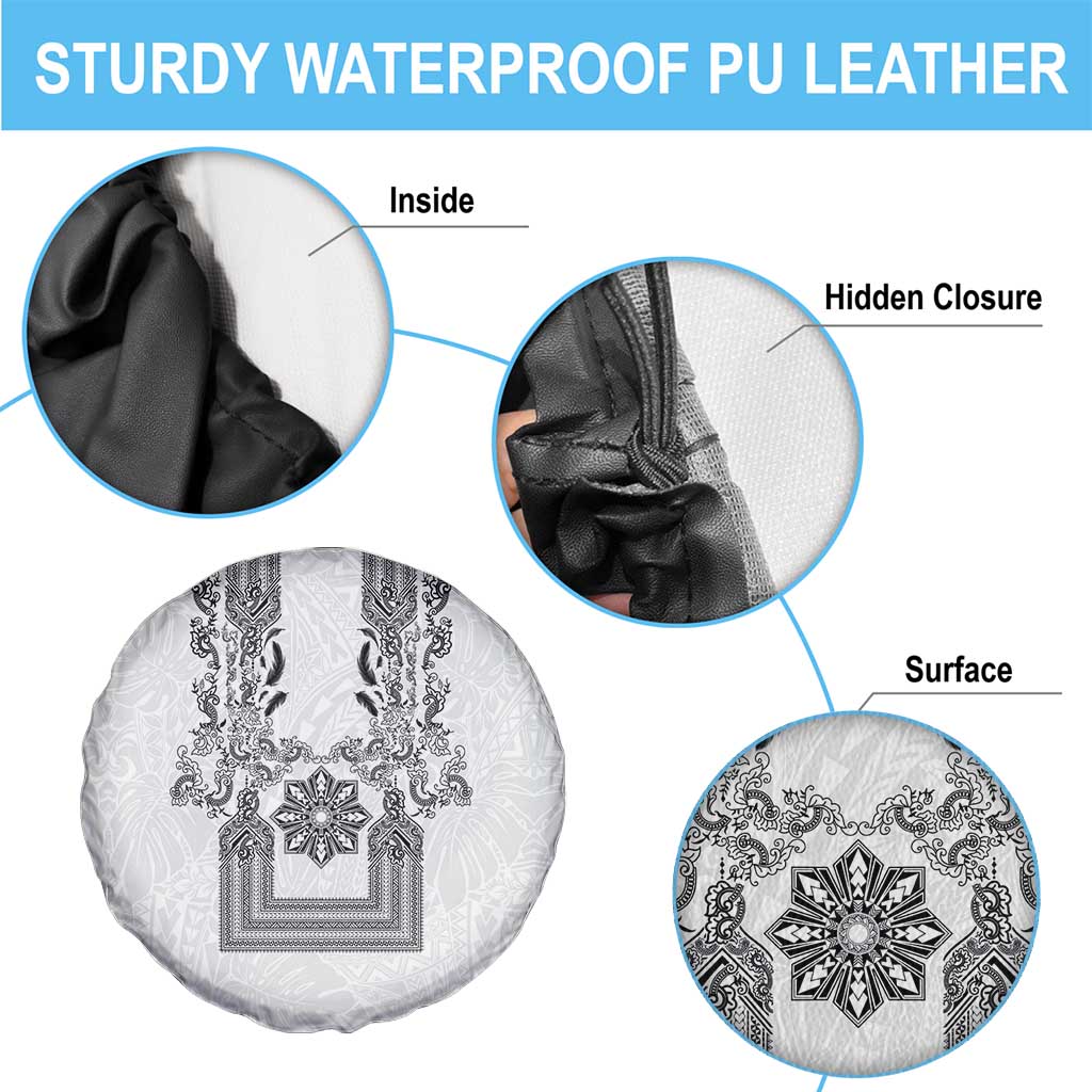 Philippines Barong Style Spare Tire Cover with Polynesian Art and Leaf Motif Black-White Color
