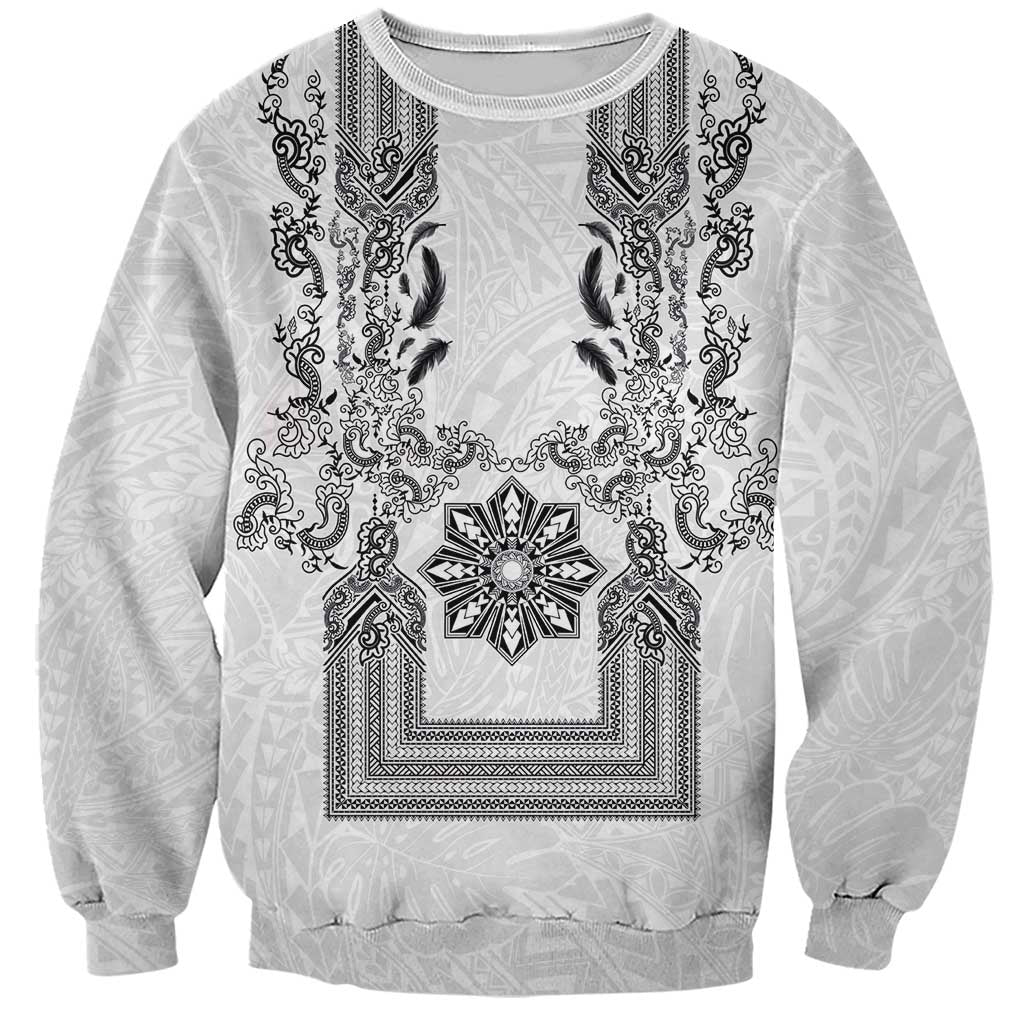 Philippines Barong Style Sweatshirt with Polynesian Art and Leaf Motif Black-White Color