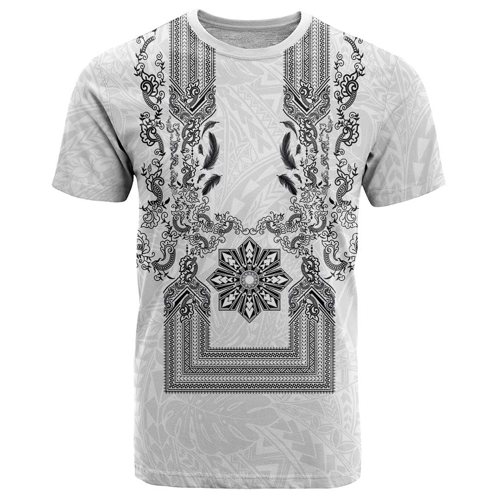 Philippines Barong Style T Shirt with Polynesian Art and Leaf Motif Black-White Color