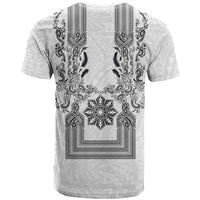 Philippines Barong Style T Shirt with Polynesian Art and Leaf Motif Black-White Color