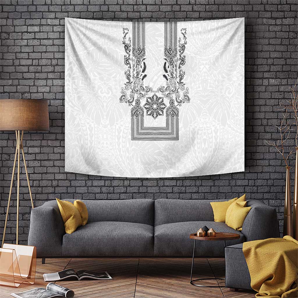 Philippines Barong Style Tapestry with Polynesian Art and Leaf Motif Black-White Color LT03 White - Polynesian Pride
