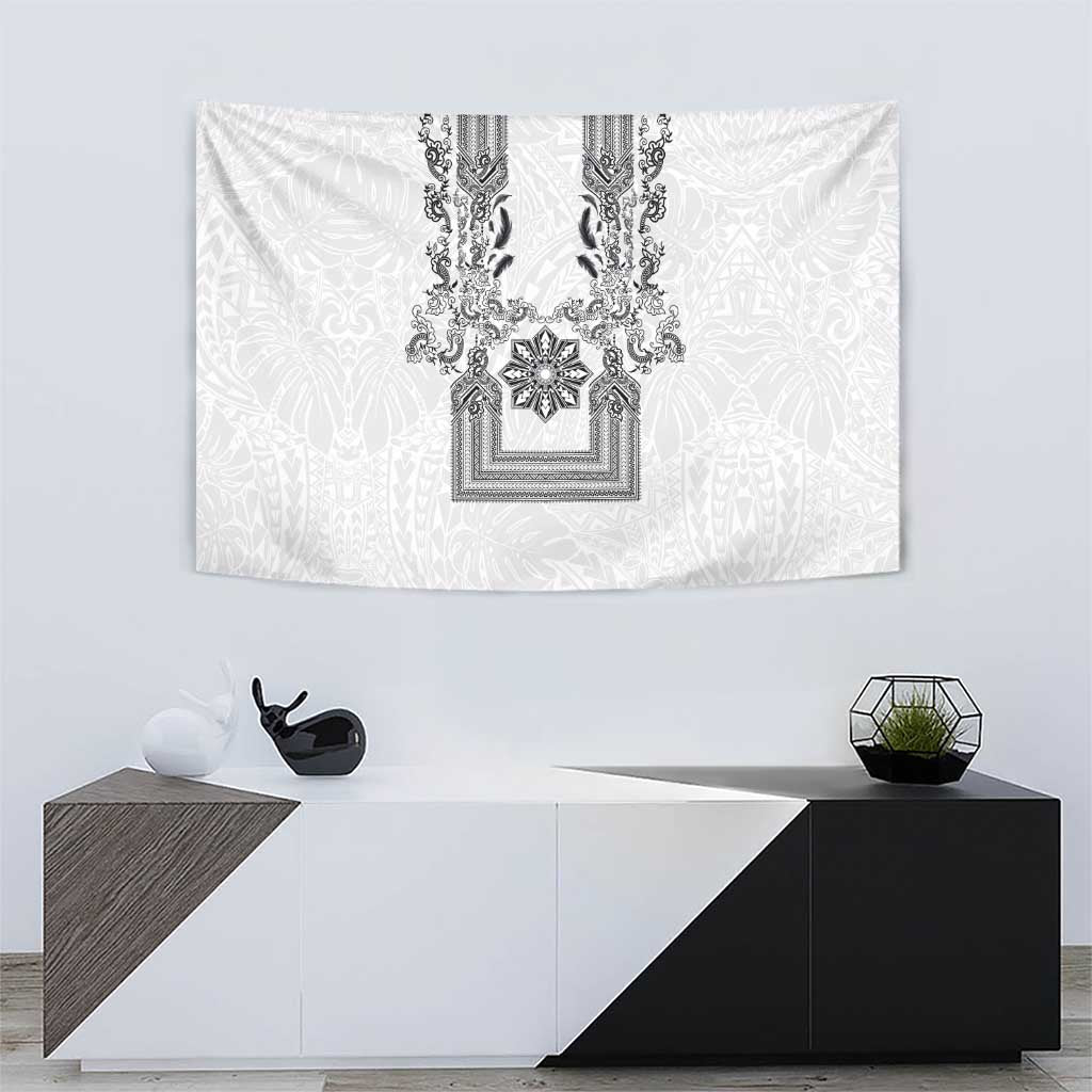 Philippines Barong Style Tapestry with Polynesian Art and Leaf Motif Black-White Color LT03 - Polynesian Pride