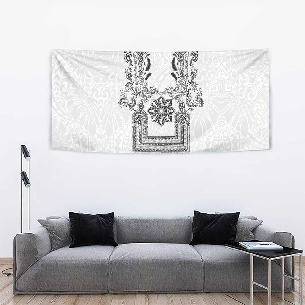 Philippines Barong Style Tapestry with Polynesian Art and Leaf Motif Black-White Color LT03 - Polynesian Pride