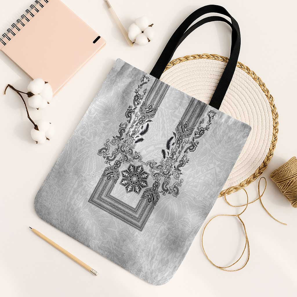 Philippines Barong Style Tote Bag with Polynesian Art and Leaf Motif Black-White Color