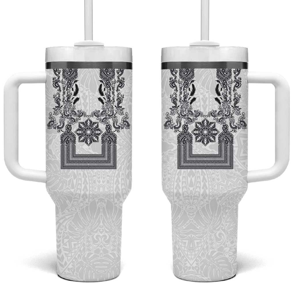 Philippines Barong Style Tumbler With Handle with Polynesian Art and Leaf Motif Black-White Color
