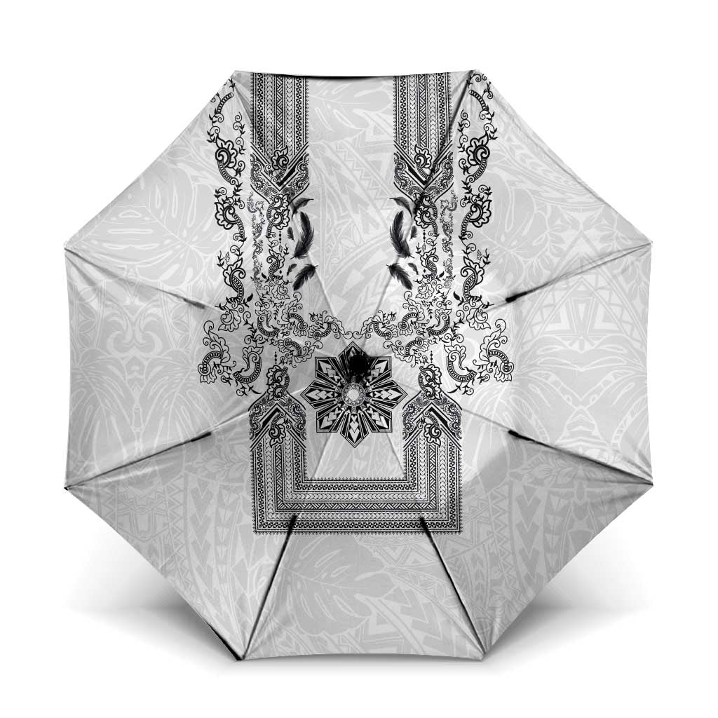 Philippines Barong Style Umbrella with Polynesian Art and Leaf Motif Black-White Color