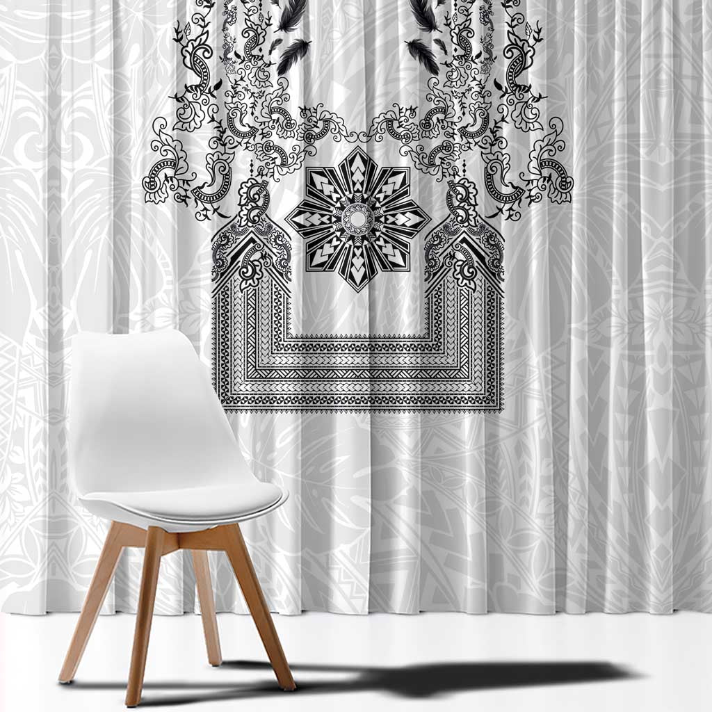 Philippines Barong Style Window Curtain with Polynesian Art and Leaf Motif Black-White Color