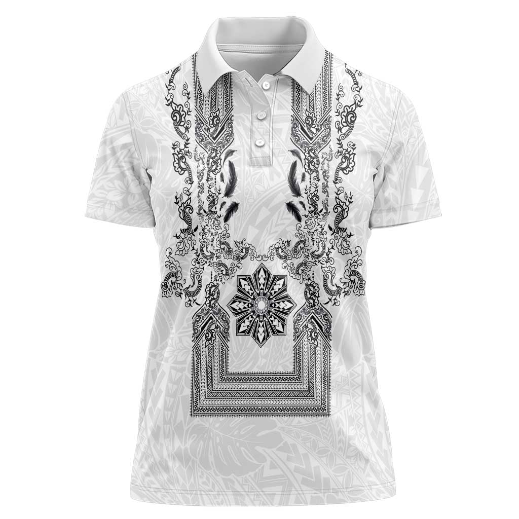 Philippines Barong Style Women Polo Shirt with Polynesian Art and Leaf Motif Black-White Color