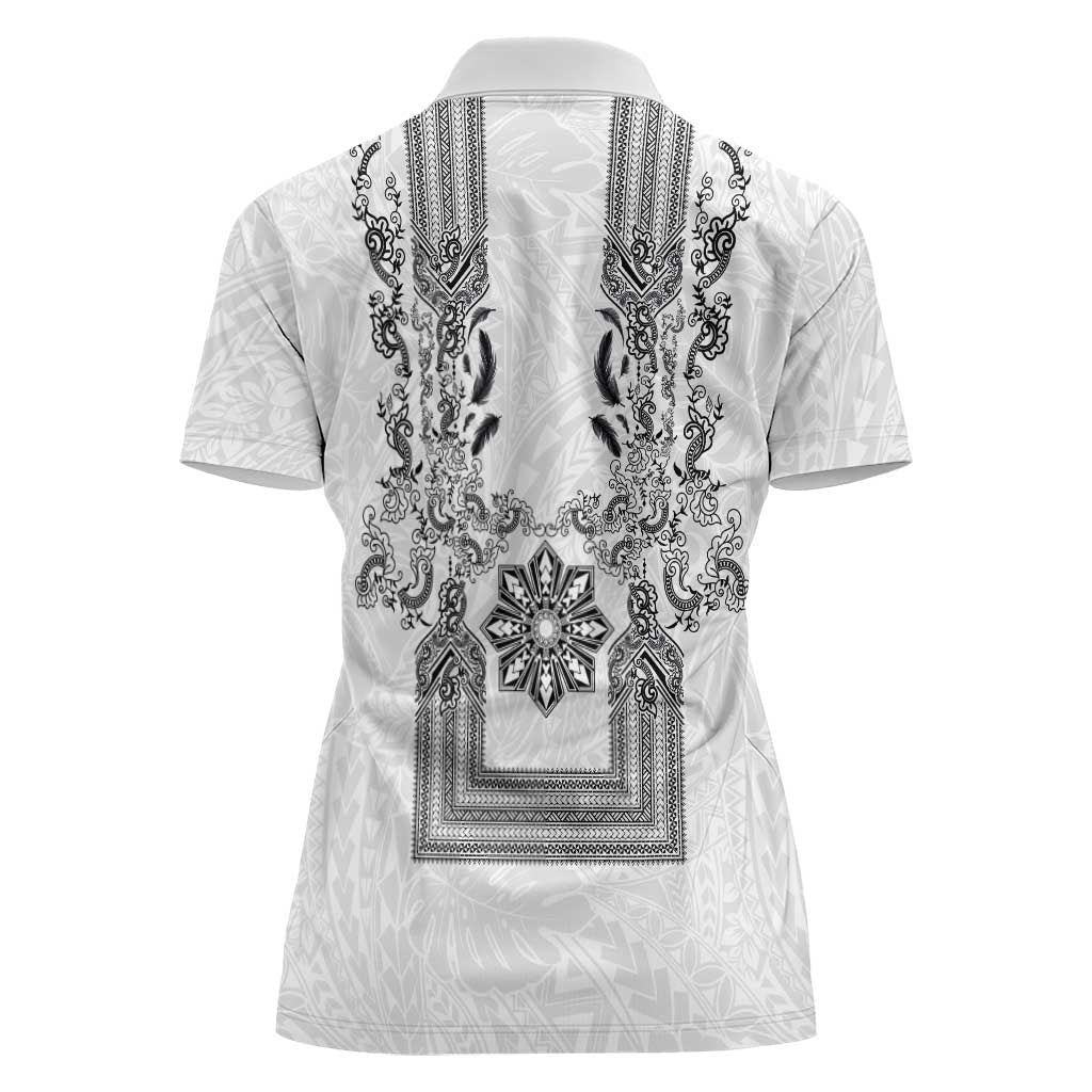 Philippines Barong Style Women Polo Shirt with Polynesian Art and Leaf Motif Black-White Color