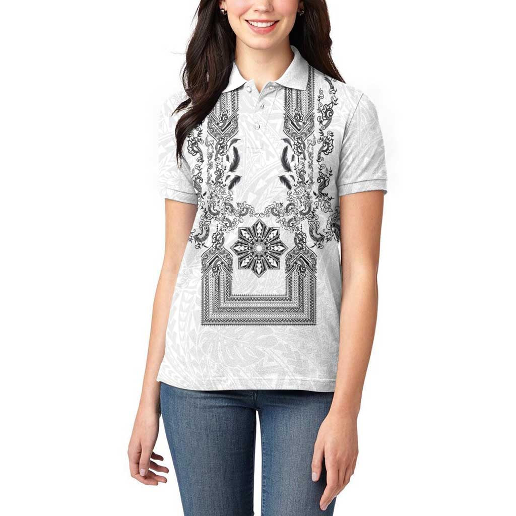 Philippines Barong Style Women Polo Shirt with Polynesian Art and Leaf Motif Black-White Color