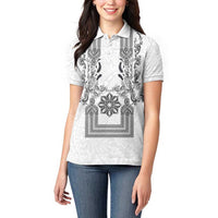 Philippines Barong Style Women Polo Shirt with Polynesian Art and Leaf Motif Black-White Color