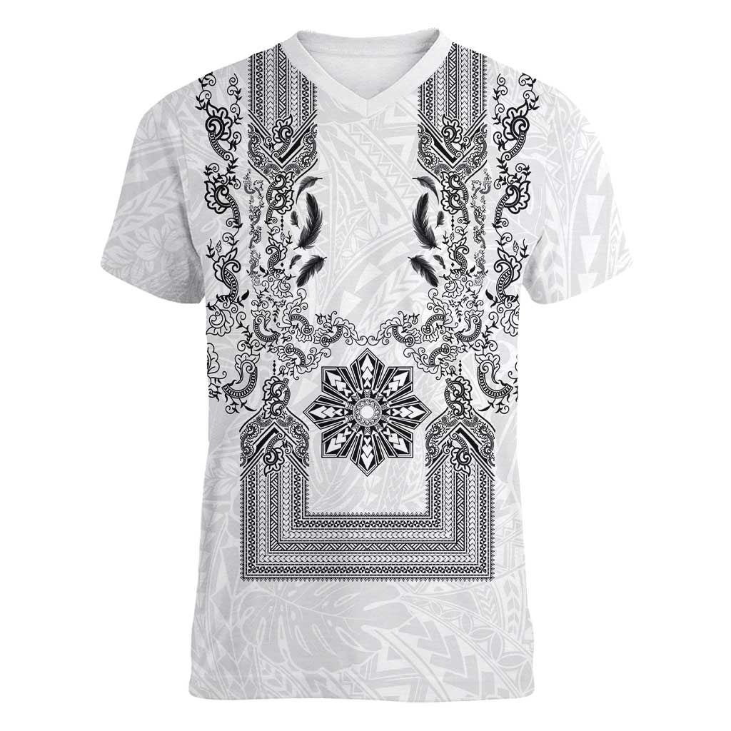 Philippines Barong Style Women V-Neck T-Shirt with Polynesian Art and Leaf Motif Black-White Color LT03 Female White - Polynesian Pride