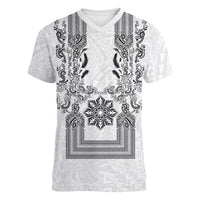 Philippines Barong Style Women V-Neck T-Shirt with Polynesian Art and Leaf Motif Black-White Color LT03 Female White - Polynesian Pride