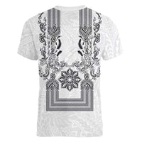 Philippines Barong Style Women V-Neck T-Shirt with Polynesian Art and Leaf Motif Black-White Color LT03 - Polynesian Pride