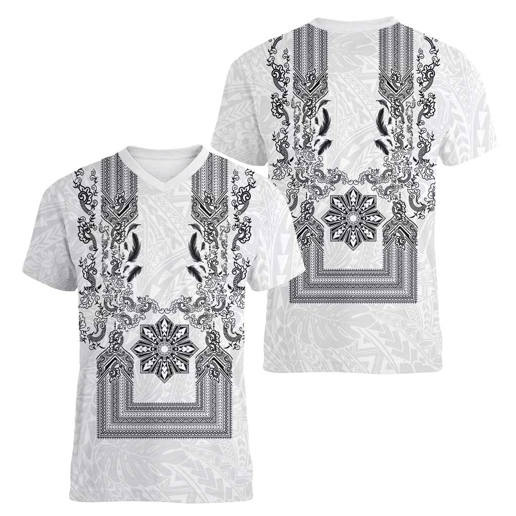 Philippines Barong Style Women V-Neck T-Shirt with Polynesian Art and Leaf Motif Black-White Color LT03 - Polynesian Pride