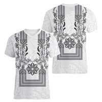 Philippines Barong Style Women V-Neck T-Shirt with Polynesian Art and Leaf Motif Black-White Color LT03 - Polynesian Pride