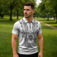 Philippines Barong Style Zipper Polo Shirt with Polynesian Art and Leaf Motif Black-White Color