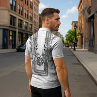 Philippines Barong Style Zipper Polo Shirt with Polynesian Art and Leaf Motif Black-White Color