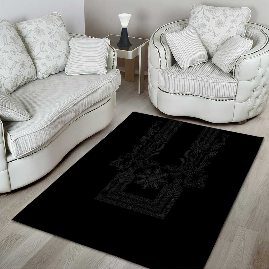 Philippines Barong Style Area Rug with Polynesian Art and Leaf Motif Black Color