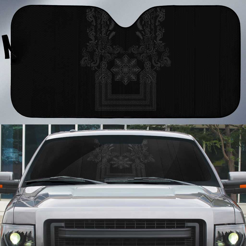 Philippines Barong Style Auto Sun Shade with Polynesian Art and Leaf Motif Black Color