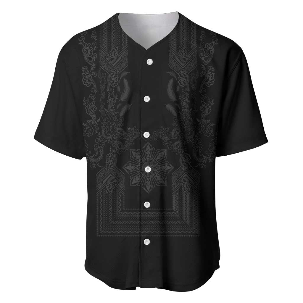 Philippines Barong Style Baseball Jersey with Polynesian Art and Leaf Motif Black Color LT03 Black - Polynesian Pride