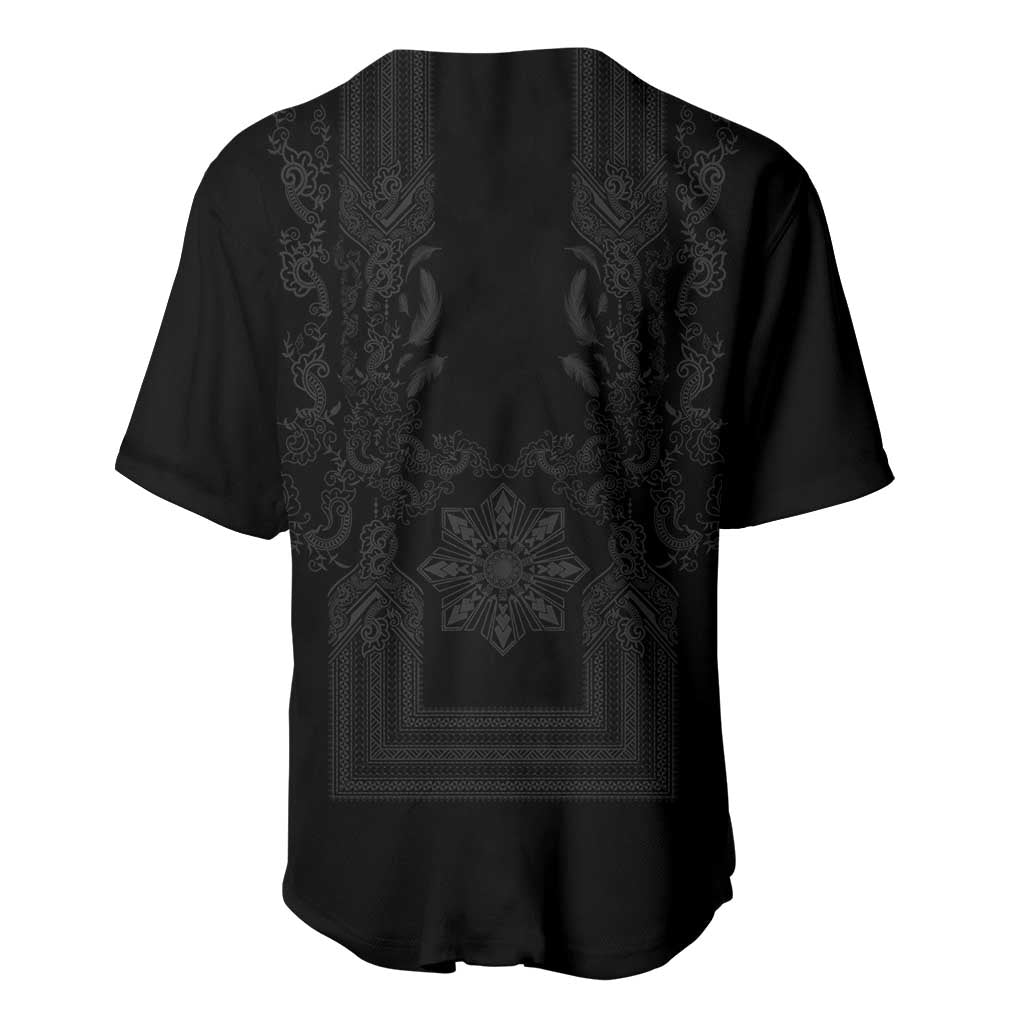 Philippines Barong Style Baseball Jersey with Polynesian Art and Leaf Motif Black Color LT03 - Polynesian Pride