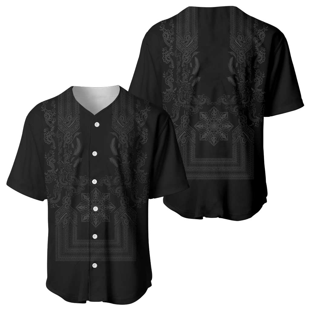 Philippines Barong Style Baseball Jersey with Polynesian Art and Leaf Motif Black Color LT03 - Polynesian Pride