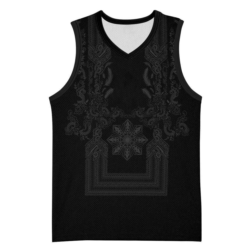 Philippines Barong Style Basketball Jersey with Polynesian Art and Leaf Motif Black Color