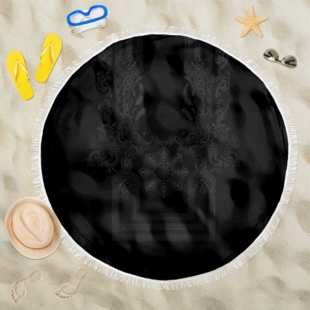 Philippines Barong Style Beach Blanket with Polynesian Art and Leaf Motif Black Color