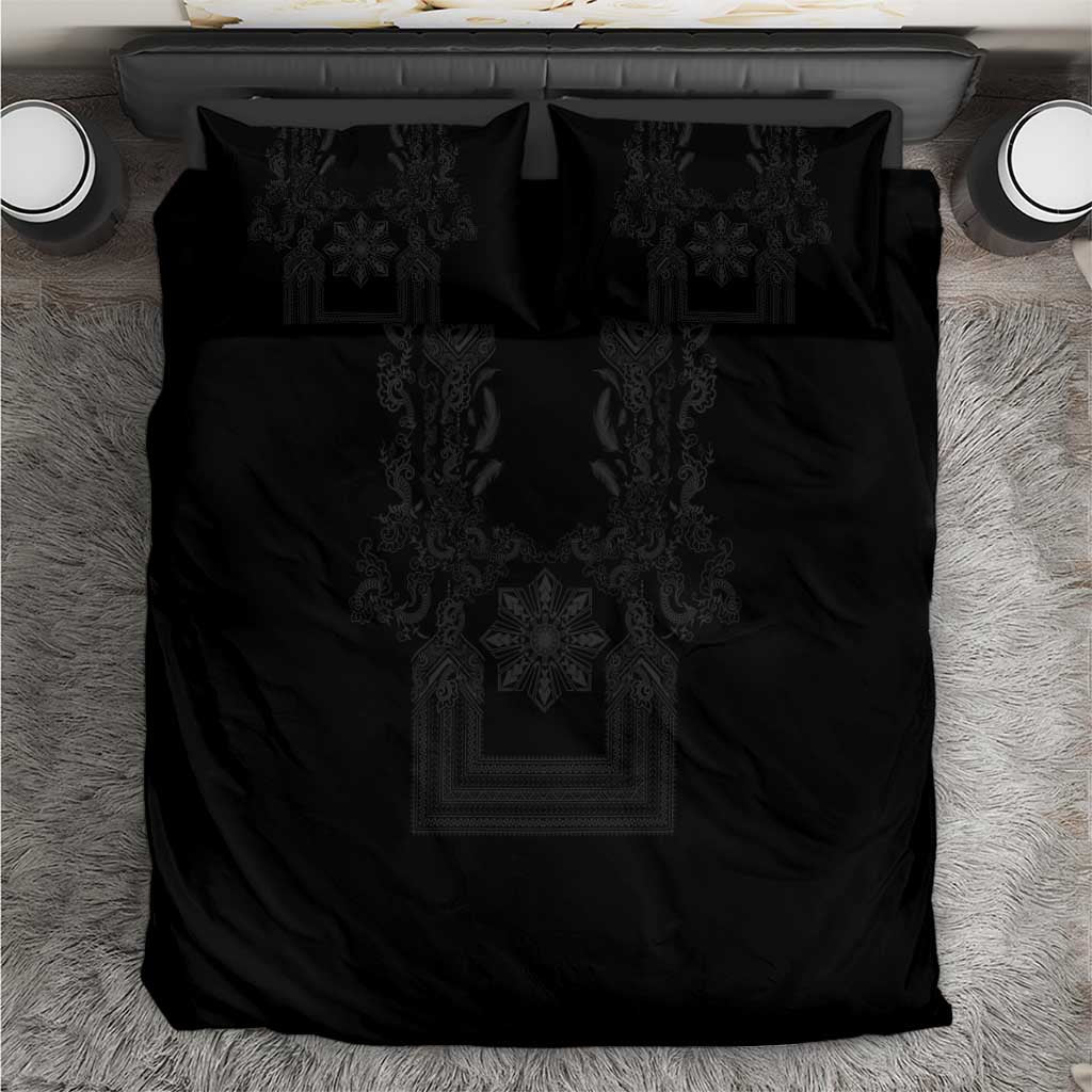 Philippines Barong Style Bedding Set with Polynesian Art and Leaf Motif Black Color
