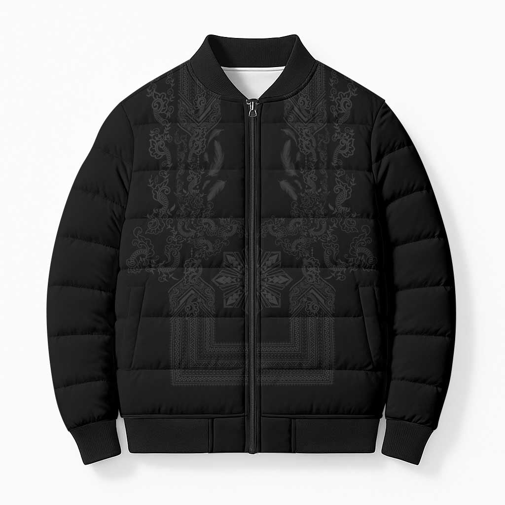 Philippines Barong Style Bomber Puffer Jacket with Polynesian Art and Leaf Motif Black Color