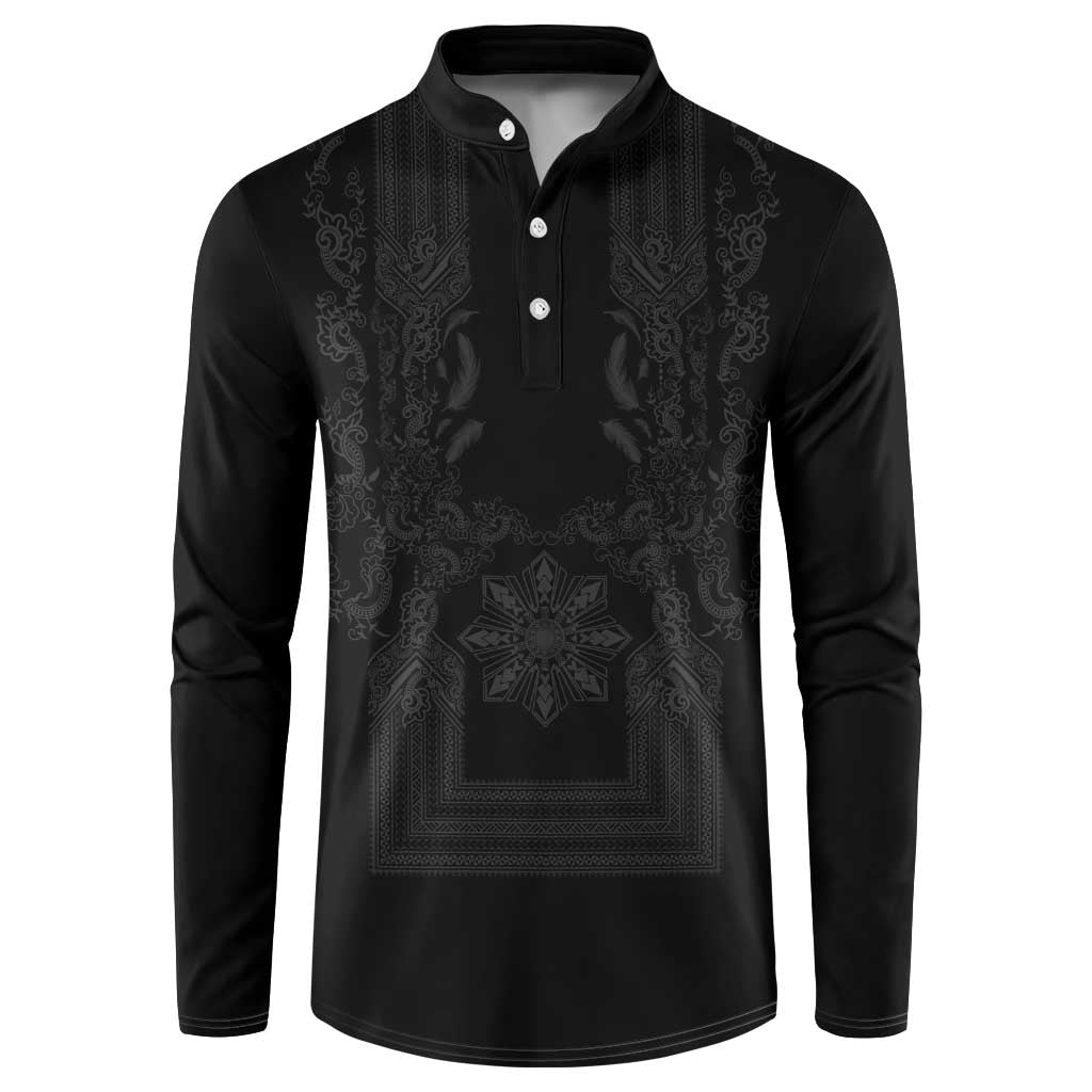 Philippines Barong Style Button Sweatshirt with Polynesian Art and Leaf Motif Black Color
