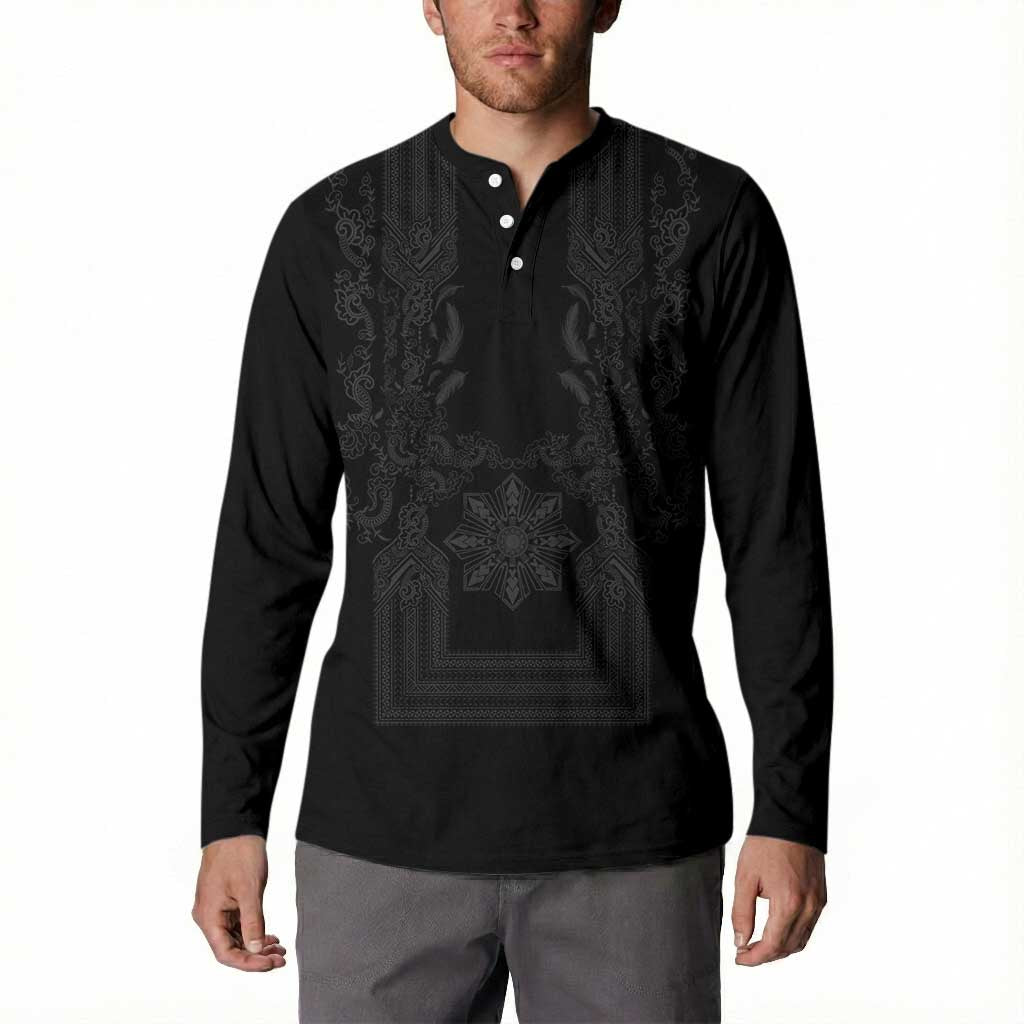 Philippines Barong Style Button Sweatshirt with Polynesian Art and Leaf Motif Black Color