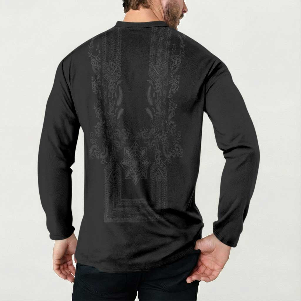 Philippines Barong Style Button Sweatshirt with Polynesian Art and Leaf Motif Black Color