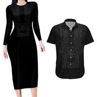 Philippines Barong Style Couples Matching Long Sleeve Bodycon Dress and Hawaiian Shirt with Polynesian Art and Leaf Motif Black Color