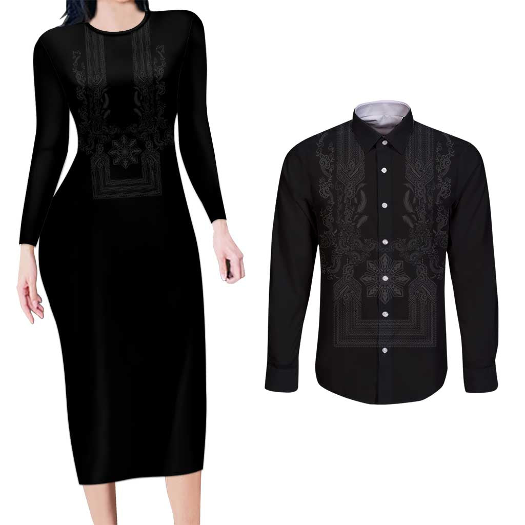 Philippines Barong Style Couples Matching Long Sleeve Bodycon Dress and Long Sleeve Button Shirt with Polynesian Art and Leaf Motif Black Color