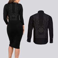 Philippines Barong Style Couples Matching Long Sleeve Bodycon Dress and Long Sleeve Button Shirt with Polynesian Art and Leaf Motif Black Color