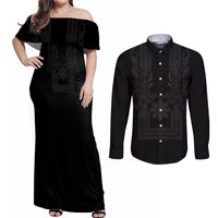 Philippines Barong Style Couples Matching Off Shoulder Maxi Dress and Long Sleeve Button Shirt with Polynesian Art and Leaf Motif Black Color
