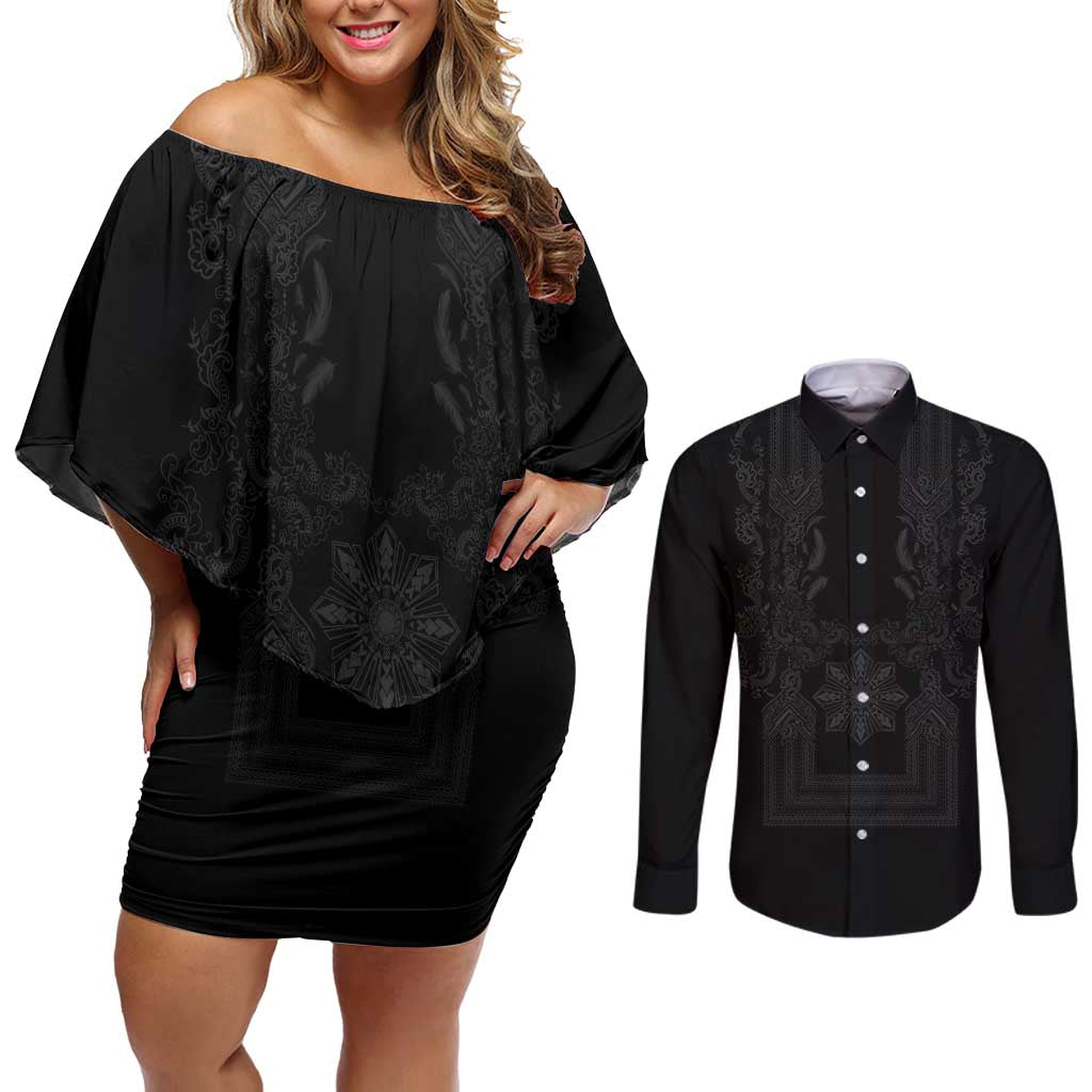 Philippines Barong Style Couples Matching Off Shoulder Short Dress and Long Sleeve Button Shirt with Polynesian Art and Leaf Motif Black Color LT03 Black - Polynesian Pride