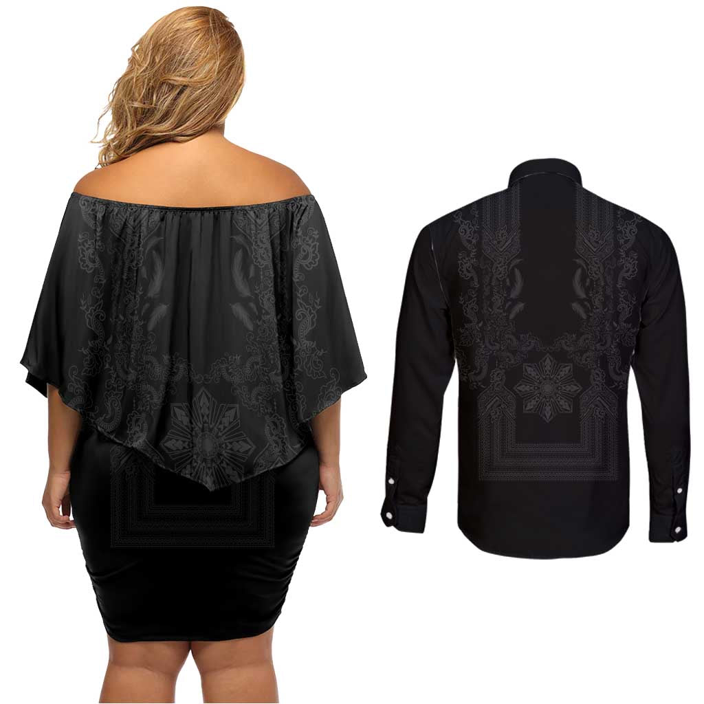 Philippines Barong Style Couples Matching Off Shoulder Short Dress and Long Sleeve Button Shirt with Polynesian Art and Leaf Motif Black Color LT03 - Polynesian Pride