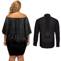 Philippines Barong Style Couples Matching Off Shoulder Short Dress and Long Sleeve Button Shirt with Polynesian Art and Leaf Motif Black Color LT03 - Polynesian Pride