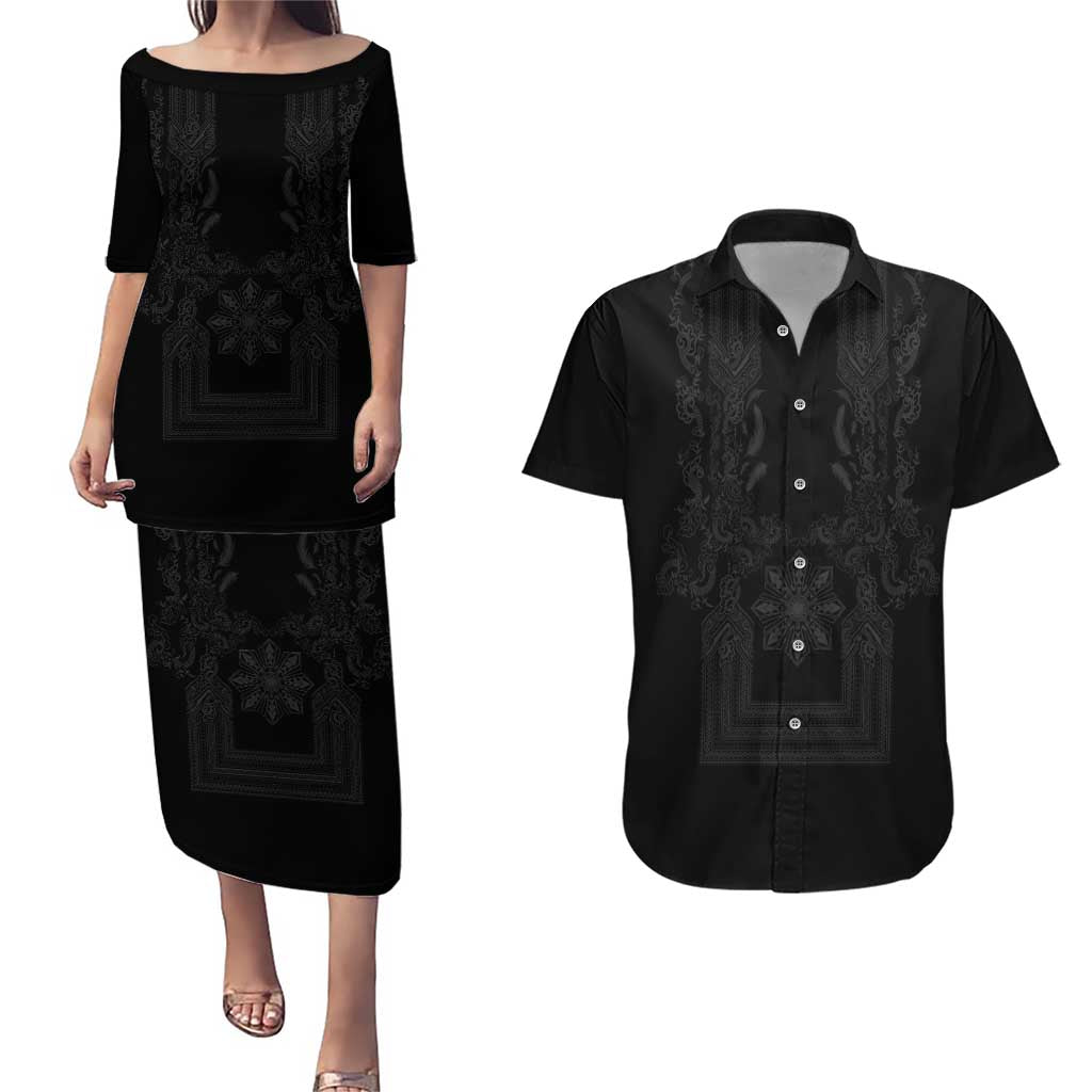 Philippines Barong Style Couples Matching Puletasi and Hawaiian Shirt with Polynesian Art and Leaf Motif Black Color LT03 Black - Polynesian Pride