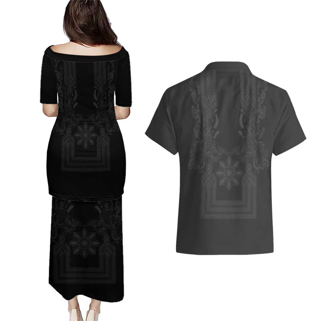Philippines Barong Style Couples Matching Puletasi and Hawaiian Shirt with Polynesian Art and Leaf Motif Black Color LT03 - Polynesian Pride