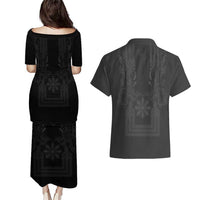 Philippines Barong Style Couples Matching Puletasi and Hawaiian Shirt with Polynesian Art and Leaf Motif Black Color LT03 - Polynesian Pride