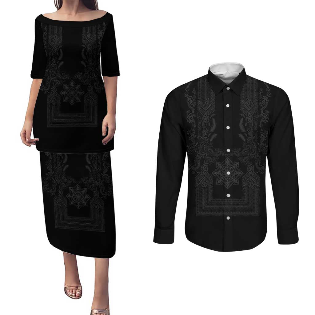Philippines Barong Style Couples Matching Puletasi and Long Sleeve Button Shirt with Polynesian Art and Leaf Motif Black Color LT03 Black - Polynesian Pride