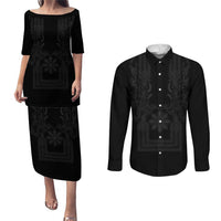 Philippines Barong Style Couples Matching Puletasi and Long Sleeve Button Shirt with Polynesian Art and Leaf Motif Black Color LT03 Black - Polynesian Pride